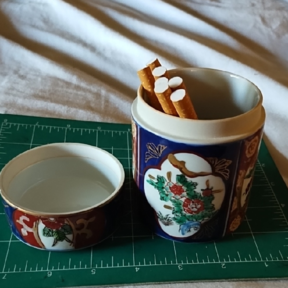 Floral Ceramic Jar with Lid - Gold Imari Cigarette Jar